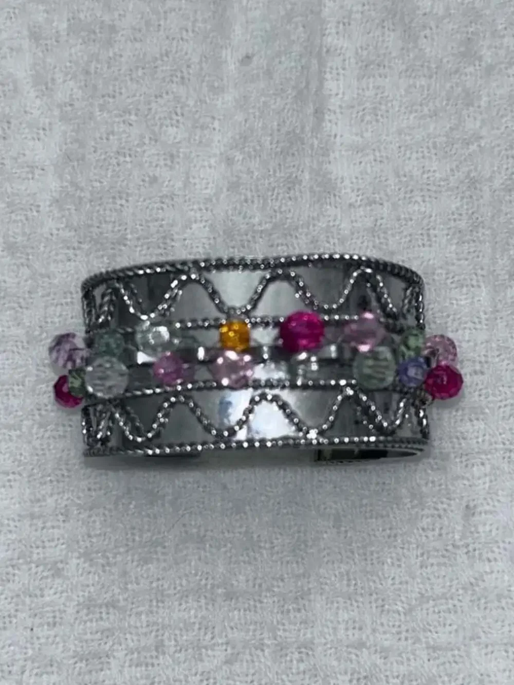 Silver tone Multi Color Bead Wide Cuff Bracelet